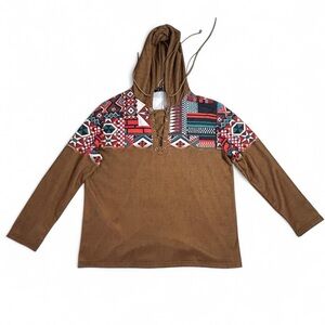 Ouku Southwestern Aztec Lace Up Hoodie Brown Tribal Pullover Size L